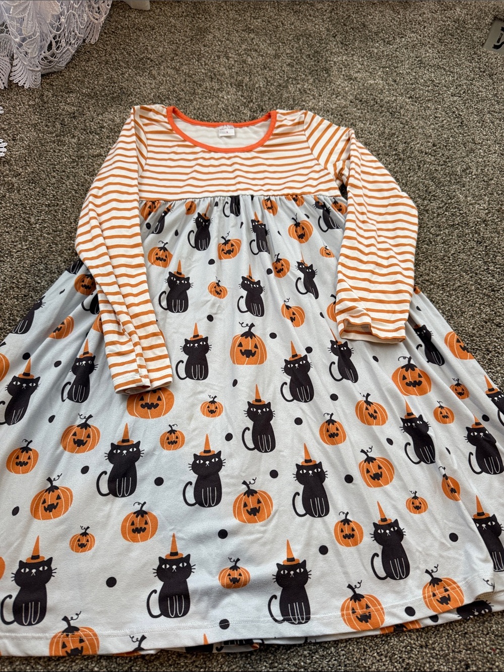 Girls' Halloween Pumpkin & Black Cat Long Sleeve Dress - Orange/White